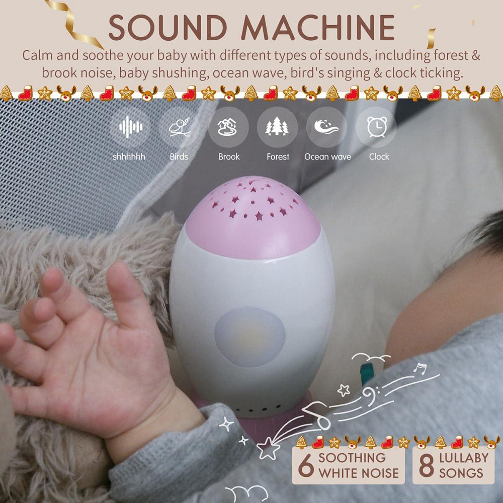 Нічник-проектор для дітей з білим шумом та колисковими, авто-таймер 30/60/90 хв, 8 пісень, 6 звуків, USB-зарядка, рожевий Київ - фото 4