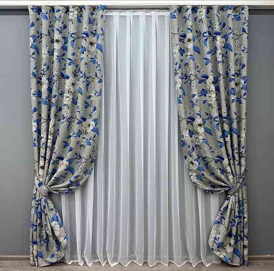 Комплект готових штор VR-Textil Льон з квітковим принтом "Прованс" № 1725ш Світло-сірий з синім 150х265 см 2 шт (33-0635) Київ