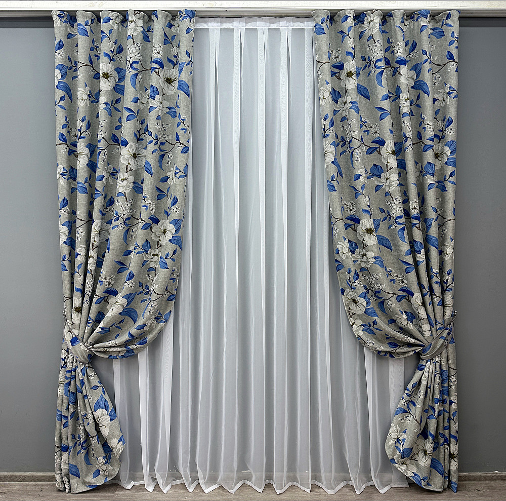 Комплект готових штор VR-Textil Льон з квітковим принтом "Прованс" № 1725ш Світло-сірий з синім 150х265 см 2 шт (33-0635) Київ - фото 2