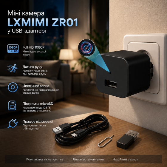 Мини-камера LXMIMI ZR01 Full HD 1080P в USB-адаптере, датчик движения, циклическая запись, microSD до 128 ГБ Киев