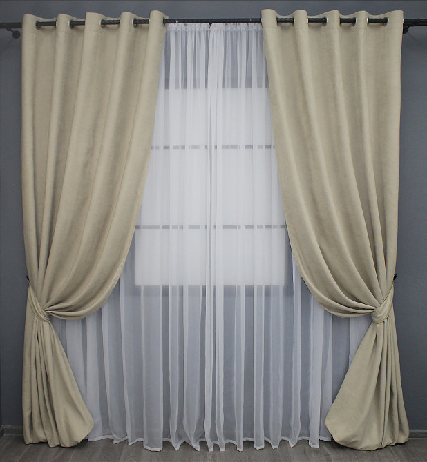 Комплект штор на люверсах VR-Textil Мікровелюр Petek № 1488ш Бежевий 150х270 см 2 шт (37-0168) Київ - фото 2