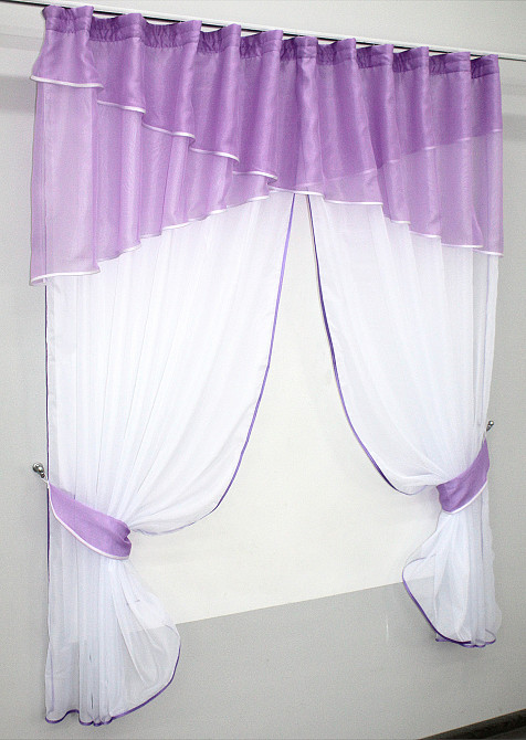 Кухонные шторы VR-Textil № 091к с ламбрекеном и подвязками сиреневый с белым 270х170 см (50-855) Киев - изображение 2