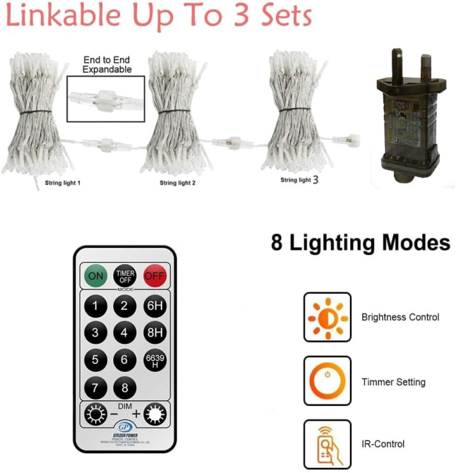 Уличная LED-гирлянда сосульки CORST 10 м 400 LED, теплый белый, пульт, таймер, 8 режимов, IP44 Киев - изображение 8