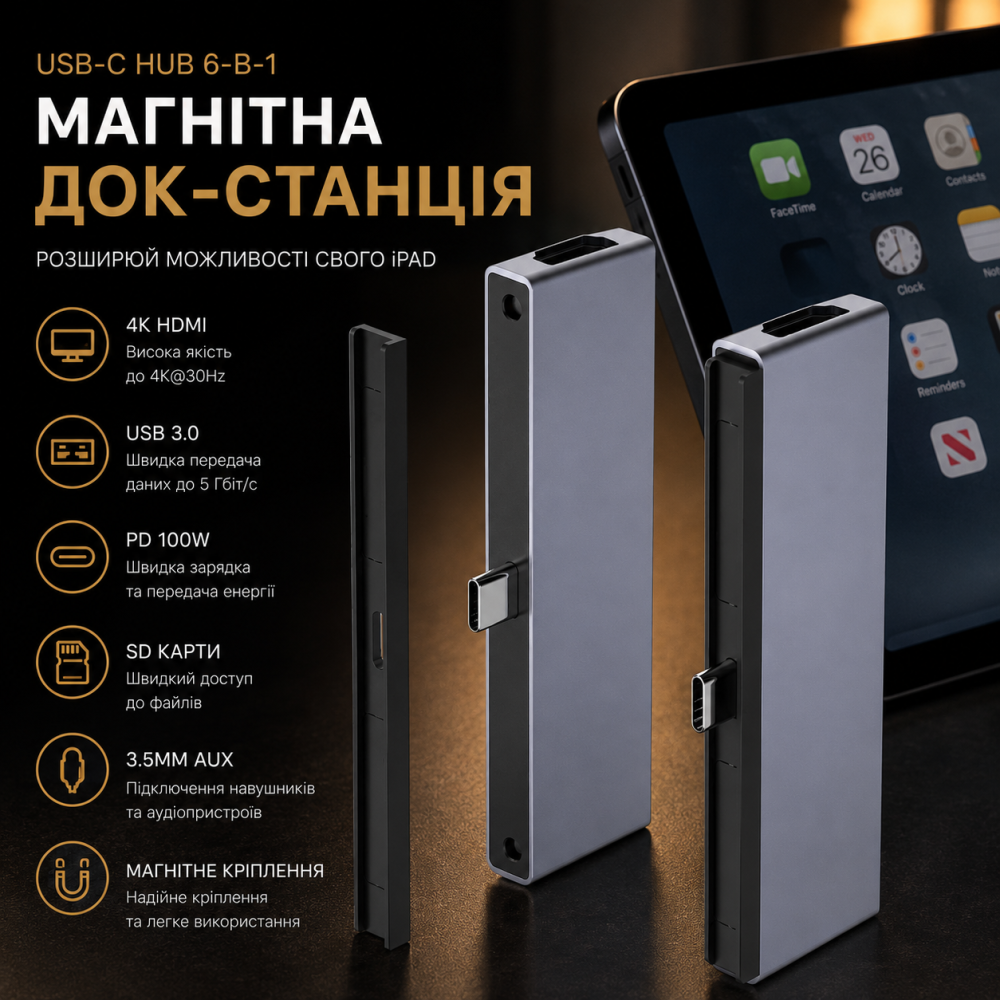 Концентратор USB-C Hub 6-в-1 для iPad Pro / Air: 4K HDMI, USB 3.0, PD 100Вт, SD, 3.5мм Aux — Магнітна док-станція Київ - фото 11