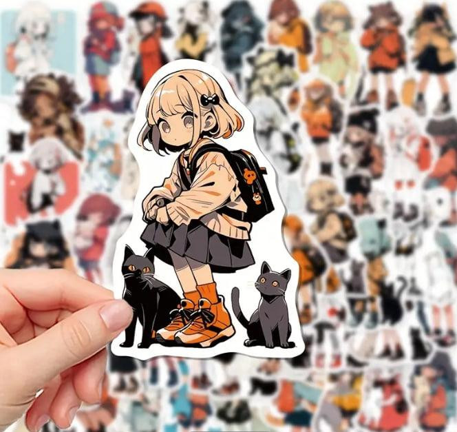 Набір наклейок з малюнками аніме дівчаток з кішками (50 шт.), стікербомбінг аніме Київ - фото 4