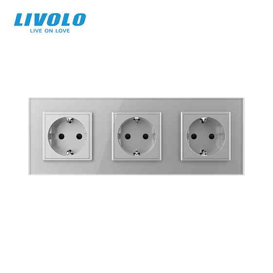 Потрійна електрична розетка з заземленням LIVOLO, сіра, скляна рамка, шторки, 250В 16А (VL-C7C3EU-15) Коломыя