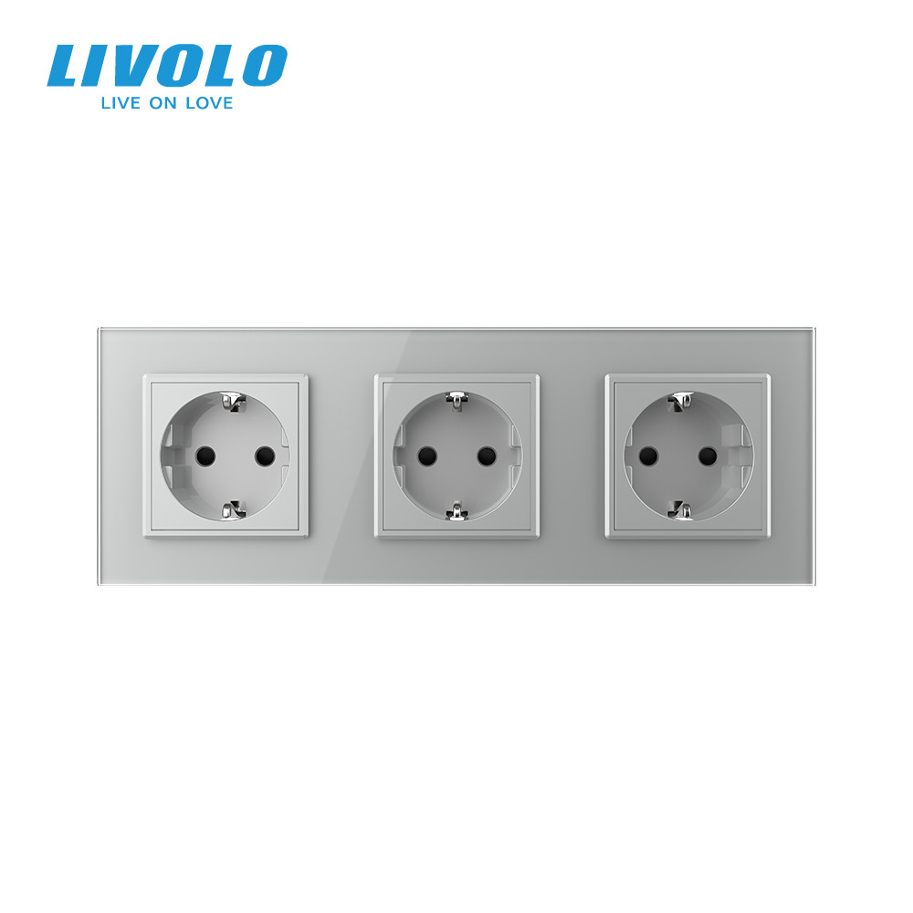 Потрійна електрична розетка з заземленням LIVOLO, сіра, скляна рамка, шторки, 250В 16А (VL-C7C3EU-15) Коломыя - изображение 4