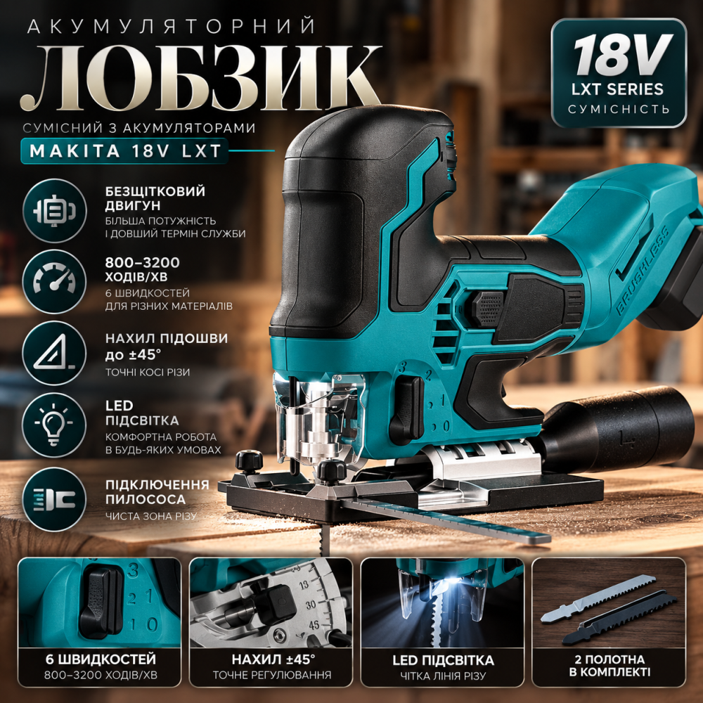 Аккумуляторный лобзик 18 В для Makita, бесщеточный, 800–3200 ход/мин, 6 скоростей, ±45°, LED, 2 полотна Киев - изображение 3
