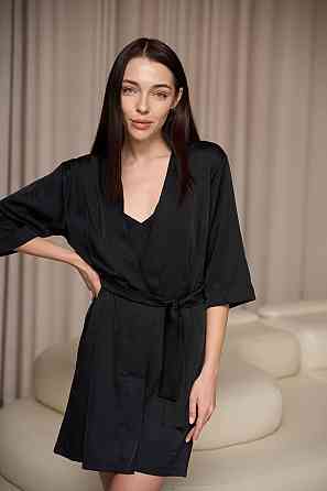 Халат жіночий шовковий під пояс Чорний L Харків