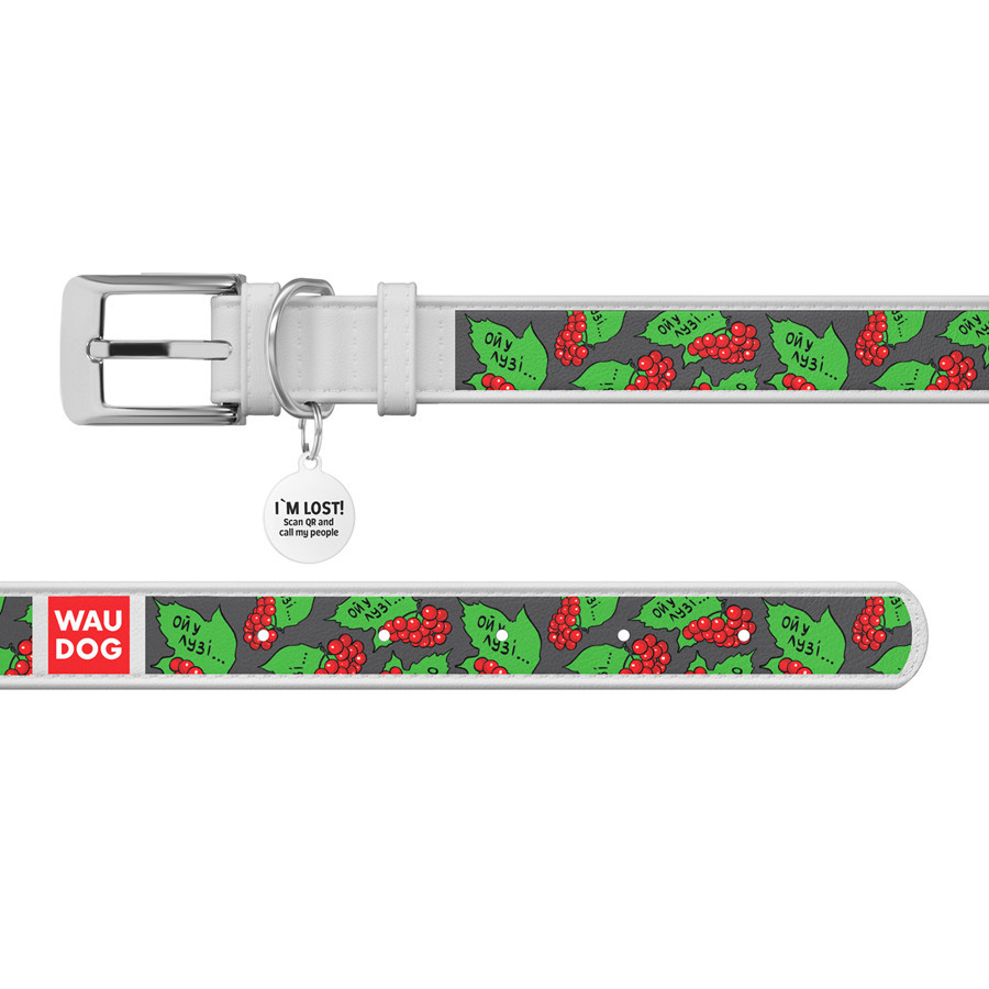 Нашийник для собак шкіряний WAUDOG Design з QR-паспортом, малюнок "Каліна", XL, Ш 35 мм, Д 46-59 см, білий Вінниця - фото 3