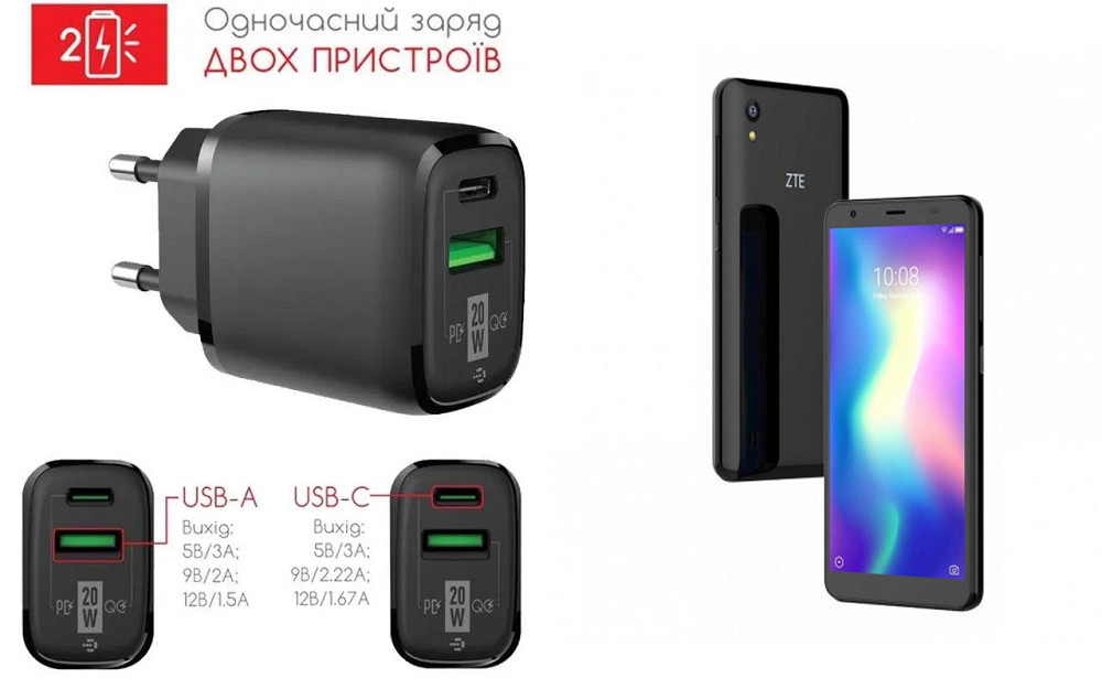 Сетевое зарядное устройство для ZTE Blade A5 2019, Blade A5 2020, 20W 3A, Quick Charge 3.0 Киев - изображение 1