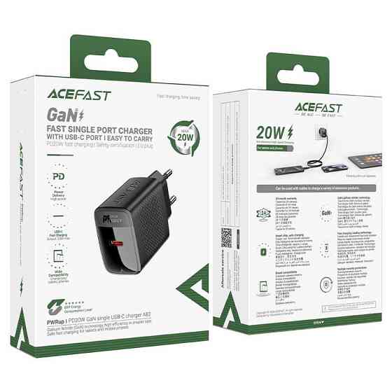 Мережевий зарядний пристрій з кабелем ACEFAST A82 PD20W GaN single USB-C charger set (P5) (EU) Black Одеса