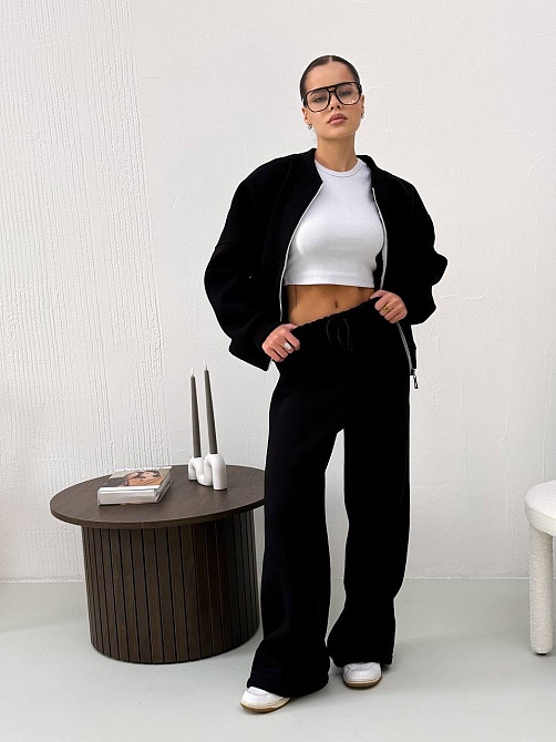 Жіночий теплий костюм-двійка з широкими штанами Чорний 48/52 Харків - фото 1