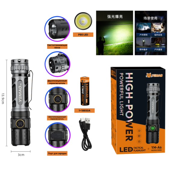 Ручний ліхтар YEMAO YM-А6, 2200LM, P80 LED, Zoom, 1x18650 акум, TYPE-C Дніпро