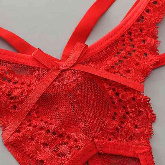 Еротичні трусики з мереживом та бантами червоні - розмір універсальний, резинка до 86см Київ