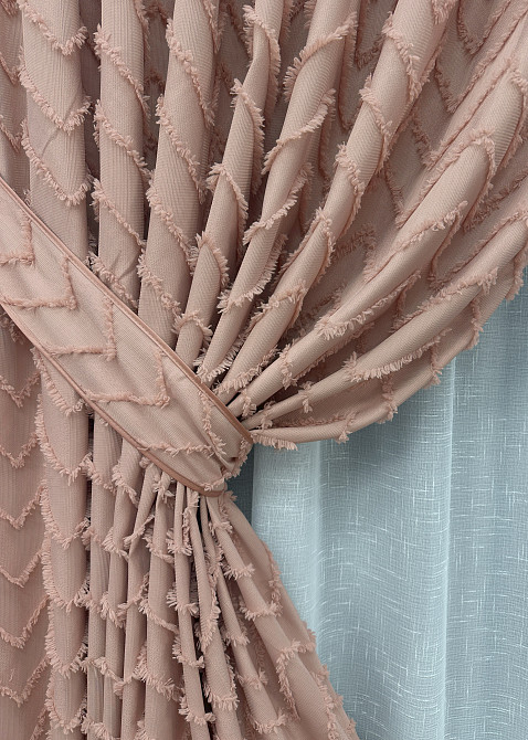 Комплект штор VR-Textil Лен Букле 100х270 2шт и Тюль 300х270 1811ш-115т Пудровый с белым 71-046/1 Киев - изображение 4