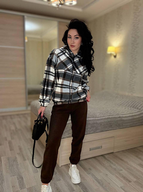 Женский прогулочный теплый костюм: кофта в клетку и штаны турецкий двусторонний флис Коричневый, 46/48 Одесса - изображение 1