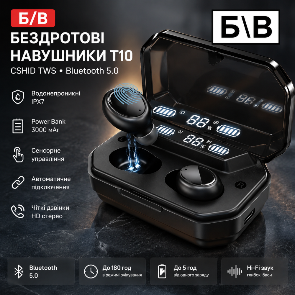 Б/У Беспроводные наушники T10 CSHID TWS Bluetooth 5.0, водонепроницаемые IPX7 с Power Bank 3000 мАч Киев - изображение 1