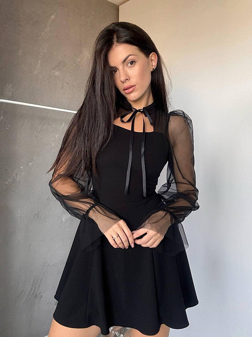 Женское нежное платье с рукавами из сеточки креп дайвинг Черный, 46/48 Одесса - изображение 4