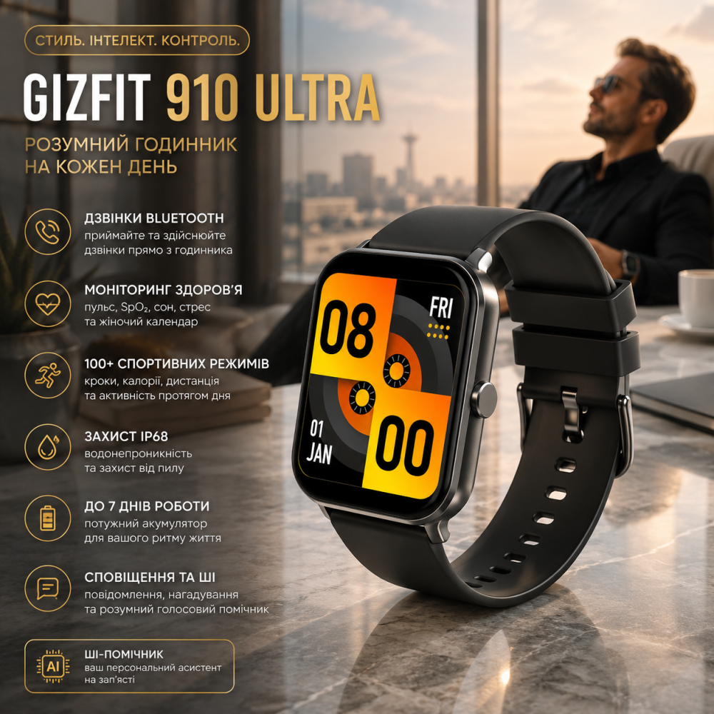 Розумний годинник GIZMORE GizFit 910 Ultra BT — Стиль, ШІ та повний контроль на вашому зап'ясті Київ - фото 9