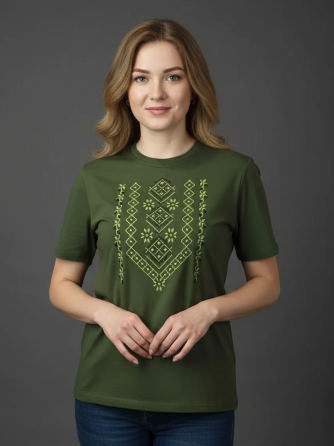 Женская Вышитая футболка - вышиванка с салатовым орнаментом в цвете хаки M Киев
