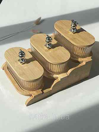 Набір для зберігання "Три ведмеді" скляна з бамбуковою кришкою та підставкою 350 мл Київ