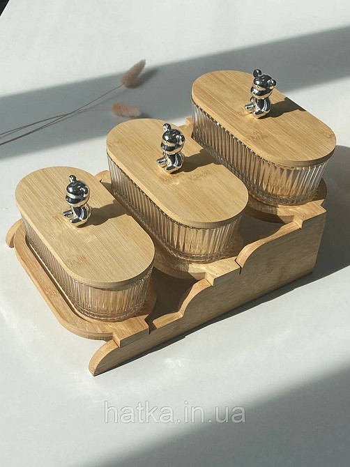 Набір для зберігання "Три ведмеді" скляна з бамбуковою кришкою та підставкою 350 мл Київ - фото 4