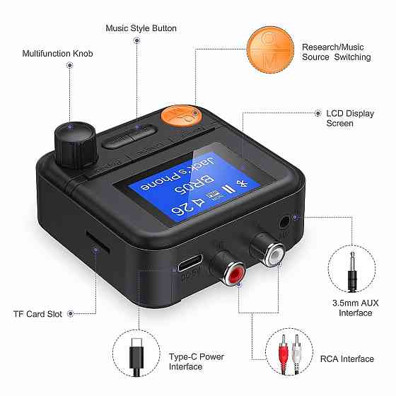 Беспроводной Bluetooth-передатчик-приемник Vaorlo BR05 с 5 режимами эквалайзера, аудиоадаптер 3.5мм AUX RCA TF с HD-дисплеем Киев
