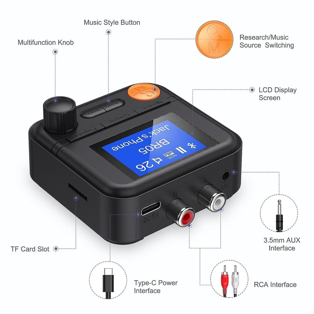 Беспроводной Bluetooth-передатчик-приемник Vaorlo BR05 с 5 режимами эквалайзера, аудиоадаптер 3.5мм AUX RCA TF с HD-дисплеем Киев - изображение 3