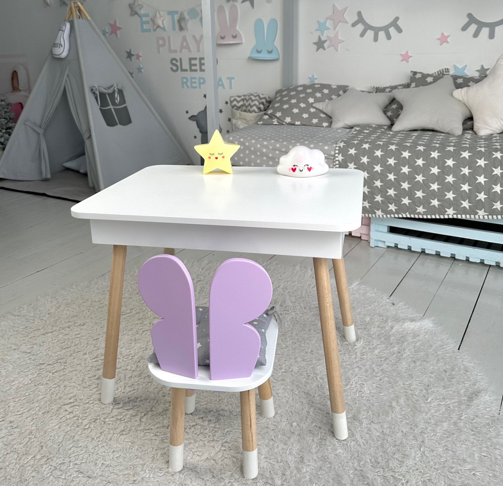 Столик з відкидним верхом 54х60х45 і стільчик крила метелика 26х26х24, стіл та стілець для дітей від 1 року, білий з фіолетовим Київ - фото 1