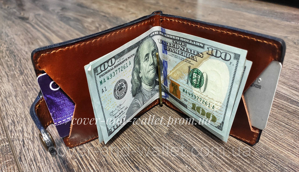 Шкіряний затискач для купюр із монетницею ручної роботи Київ - фото 4