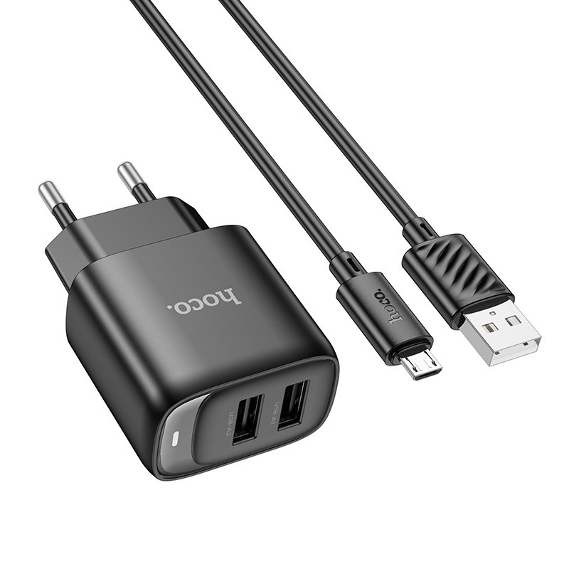 Сетевое зарядное устройство с кабелем HOCO C141A Smart dual-port charger set(Micro) Black Киев - изображение 3