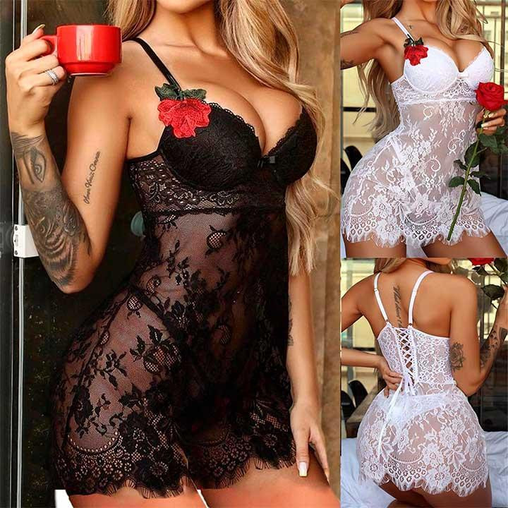 Сексуальний пеньюар із трояндою з квіткового мережива червоний-S/M — Еротична білизна Вінниця - фото 4