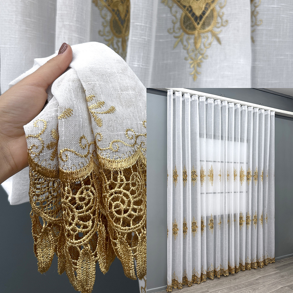 Тюль VR-Textil 1803т Льон з мереживом Білий з золотистим 300х250 см (42-1309) Київ - фото 9