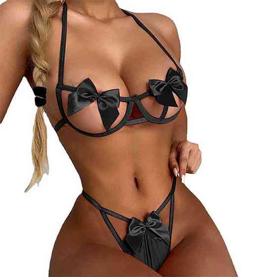 Відвертий комплект з бантиками - Чорний - S/M - Еротична білизна Вінниця