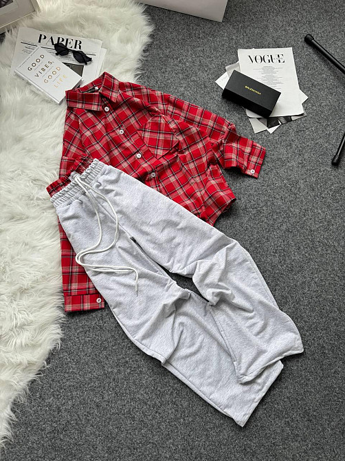 Женский повседневный костюм двойка: рубашка в клетку и штаны фланель + двунитка. Красный, 42/46 Одесса - изображение 8