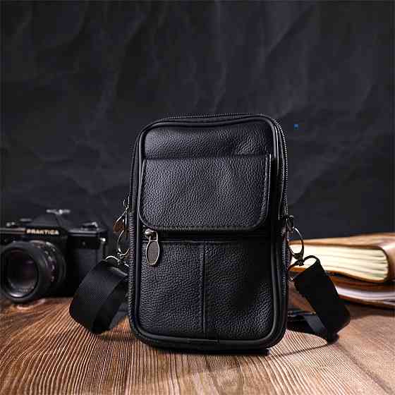 Вертикальна поясна сумка для чоловіків з натуральної шкіри 21487 Vintage Чорна Київ