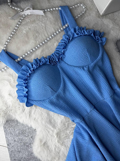 Жіноче святкове ефектне плаття на бретелях із чашечками жатка зара Блакитний, 46/48 Одеса - фото 4