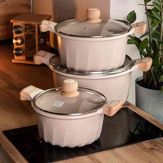 Набір із трьох каструль та сковорідок з кришками 24, 28, 32 см, товсте алюмінієве дно MGC HP-4-402 Коломия