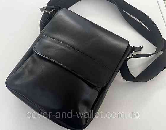 Мужская сумка мессенджер из натуральной гладкой кожи черного цвета PS Leather Киев