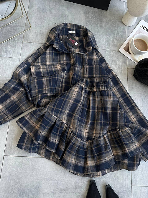 Женский костюм двойка: рубашка и юбка в клетку фланель Синий 2 Одесса - изображение 6
