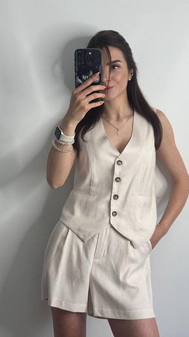 Льняной костюм-тройка в классическом стиле Пудровый M-L Харьков - изображение 2