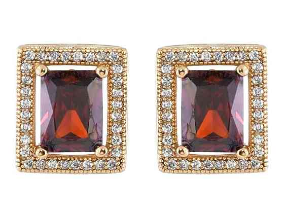 Сережки Позолота 18K пусети «Червоні фіаніти в обрамленні цирконію» 11х13мм (221453) ТМ XUPING Київ