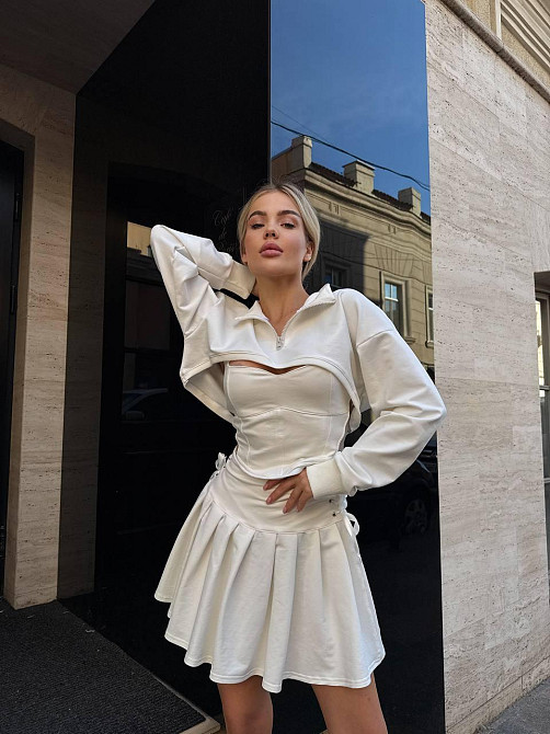 Женский стильный летний костюм-тройка с подтягивающим корсетным топом двухнитка + зербаная Одесса - изображение 1