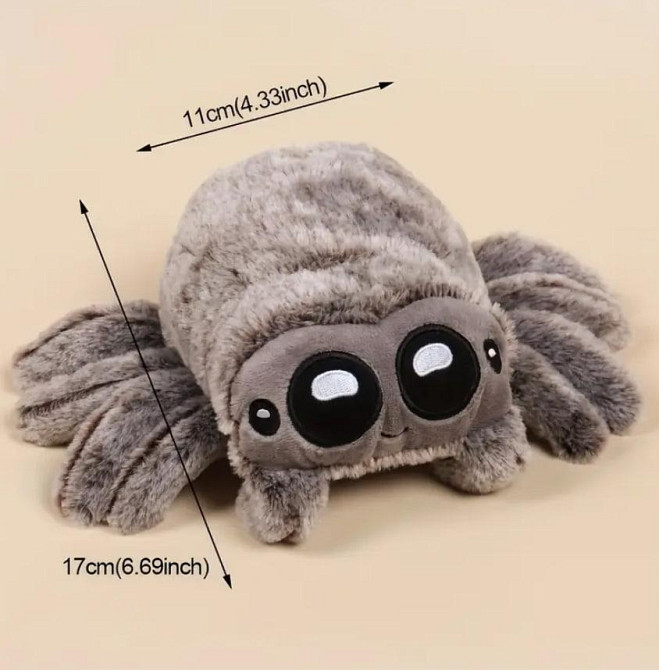 М’яка іграшка-павучок з пухнастим хутром | Іграшковий павук з великими Глазама, сірого кольору, 17×11 см Київ - фото 3