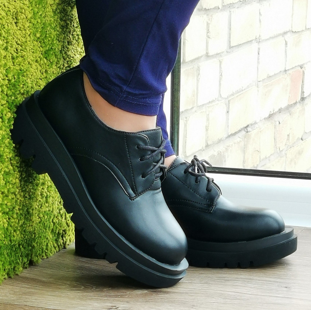 Жіночі Чорні Туфлі Броги Кросівки на Танкетці Оксфорди Шкіряні (розміри: 36,37,38,39,40,41) — 6-26 Дніпро - фото 9