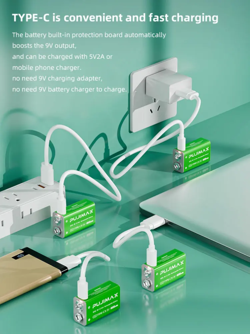 Акумуляторна батарея Pujimax 9В 4600 мВт/год Type-C модель 6F22 для металошукача (2 шт.) Зелений Вінниця - фото 8