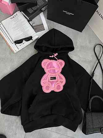 Жіноча тепла оверсайз худі з рожевим ведмедиком тринитка на флісі Одеса