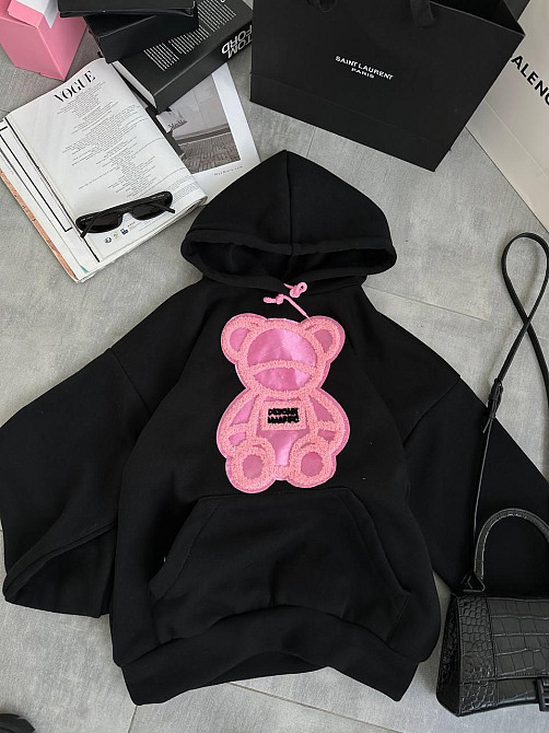 Жіноча тепла оверсайз худі з рожевим ведмедиком тринитка на флісі Одеса - фото 6
