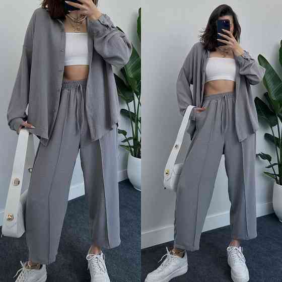 Женский легкий брючный костюм двойка: рубашка и брюки американский креп Серый, 42/44 Одесса